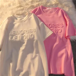 Custom Casual Women’s Breathable Compressed Anti Pilling Cotton T Shirt 3D Embossed Printing Solid Pattern Loose Fit Summer