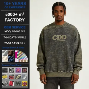 Custom Clothing Manufacturers 100% Cotton French Terry Raw Collar Embroidered Sweats DTG Print Distressed Hood Sun Faded Acid