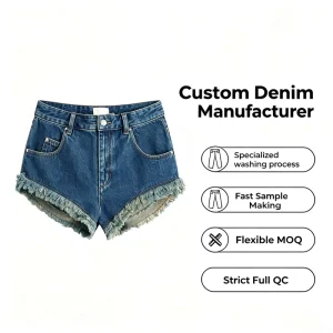Custom Dark Washed Heavy Frayed Curved Raw Edge High Waist Micro Mini Women’s Denim Shorts Retro Distressed Hot Pants