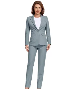 Custom Deep V Neck Women’s Blazer Set Single Button Blue Grey Color Worsted Fabric Women’s Suits