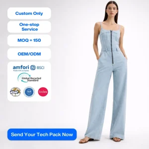Custom Denim Jumpsuit Sleeveless Wide Leg High Waist Vintage Washed Zipper Front Casual Fashion Romper OEM