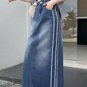 Custom Denim Skirts Manufacture High Waisted Women’s Summer Skirt Long Casual Washed Denim Skirts with Pocket and Side Stripe