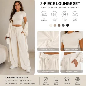 Custom Design Women’s 3pcs Spring Summer V neck Short Sleeved Loungewear Set 100% Bamboo Fiber Soft Customization