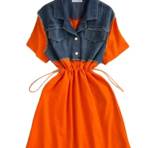 Custom Design Women’s Summer Denim Patchwork Dress Party Office Lady Puff Sleeves Aline Casual Fashion Dress