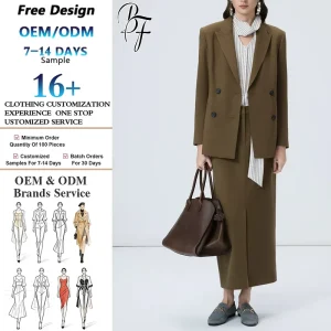 Custom Design Women’s Tailored Wool Blend Coat Double Breasted Suit Jacket Pleated Long Skirt OEM High-End Boutique Clothing