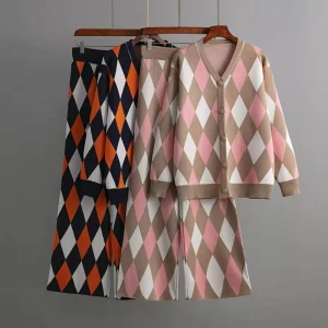 Custom Diamond Check Knit Suit Women’s V neck Sweater Cardigan Casual Straight Pants 2 Piece Set