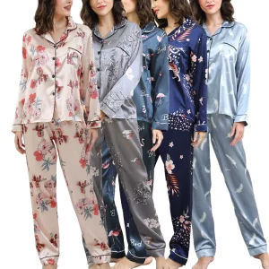 Custom Digital Printed for Women’s Pyjamas Sleepwear Full Length With Pants Silk Satin Floral Pajamas Sets