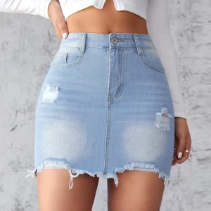 Custom Distressed Washed Elastic Cropped Skinny Slim Fit Ripped High Waist Women’s Denim Skirt