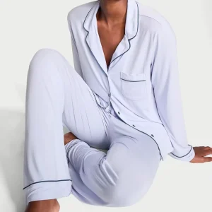 Custom Ecological Bamboo Long Sleeve Pajamas Plain Pajamas Set Contrast Piping Winter Pajamas Women’s Loungewear