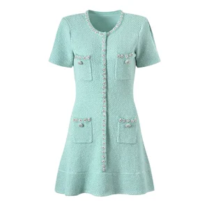 Custom Embellished Tweed-Style Knit Dress Women’s Short Sleeve Ruffle Hem French Chic Mini Dress Crystal Flower Trim
