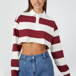 Custom Embroidery Oversize Dropped Shoulder Red And White Contrast Stripes Polo Shirts Women’s Cropped Rugby Shirt