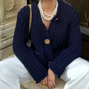 Custom European American Women’s Casual Spring Cardigan Sweater Jacket with Button Front Color Blocking Design New Coat