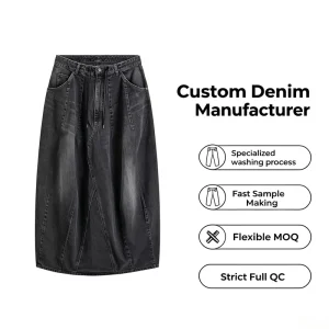 Custom Faded Black Panel Seam Drawstring Waist Oversized Maxi Women’s Denim Skirt Avant Garde Relaxed Long Skirt