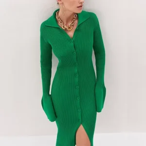 Custom Fall Fashion Vestidos Mujer Women’s Long Sleeve V neck Long Button Flare Sleeve Solid Color Casual Dress Sweater Dress