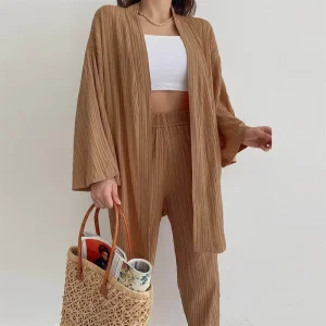 Custom Fall Women’s Plus Size Clothing Leisure Long Sleeve Linen Ribbed Loungwear Cardigan Top Two Piece Home Wear Sets