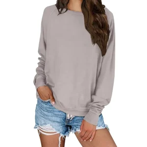 Custom Fall Women’s Solid Color Sporty Sweatshirt Casual Loose Crew Neck Long Sleeve Pullover Ribbed Cuffs Hem Tops