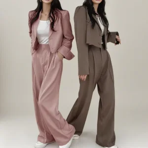 Custom Fashion Outfit with Long Sleeve Button Short Jacket Wide Leg Pants Loose Fit Two Piece Women’s Blazer Suit
