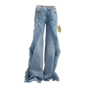 Custom Fashion Vintage Casual Straight Leg Jeans Feather-Trim Women’s Denim Baggy Stretchy Pants