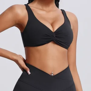 Custom Fashionable Women’s Twist Front Simple Plus Size Sports Bra Breathable Quick Dry Yoga Training Fitness Bra Removable Pads