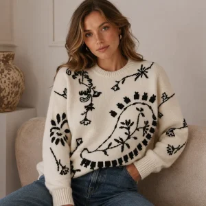 Custom Floral Intarsia Knit Sweater Women Crewneck Pullover Oversized Jacquard Pattern Soft Winter Knitwear
