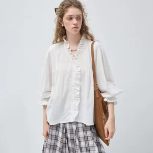 Custom French Country Style V Neck Ruffle Blouse With Puff Sleeve Texture Design For Women Clothing