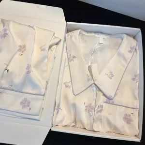 Custom Girly Pijamas Embroidered Satin Pyjamas Set 2 Piece Women’s Floral Designs Silk Sleepwear Pajama Set