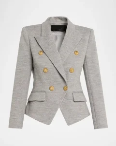 Custom Grey Wool Blend Double Breasted Women’s Blazer Gold Buttons Slim Fit Elegant Office Suit Jacket OEM/ODM Service