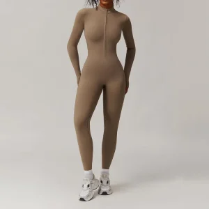 Custom Half Zipper Women’s Solid Spandex Nylon Breathable Plus Size Sports Yoga Long Sleeve One Piece Jumpsuit
