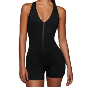Custom High Compressive Support Women’s Front Zipper V Neck Rompers Fitness Yoga Gym Short Jumpsuits One Pieces Sports Bodysuits