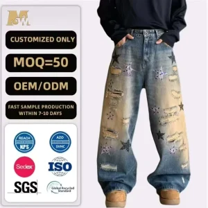 Custom High Quality Men’s Loose Vintage Distressed Ripped Straight leg Double Knee Mid Waist Denim Streetwear Jeans Breathable