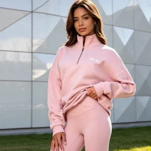 Custom High Quality Pink Soft Cotton Fleece Embroidered Drop Shoulder Quarter Zip Sweatshirt For Women