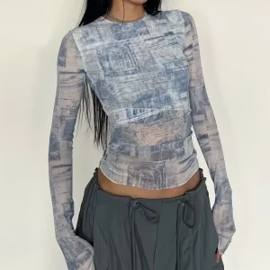 Custom High Quality Printed Mesh Top Ladies Blouses Floral Lace Long Sleeve Blouse Tops Western Clothing Women