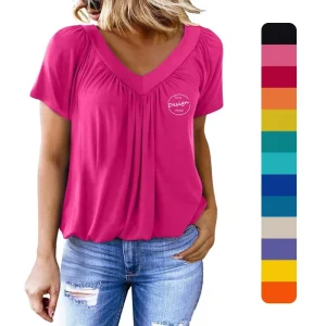 Custom High Quality Summer New Trendy 100% Cotton Solid Color Draw Pleated V neck Short Sleeve Loose Top Women Tshirts Cotton