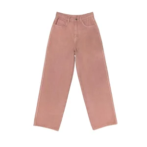 Custom High Quality Women Denim Pants Mid Waist Straight Casual Breathable Solid Loose Fit Pink Fleece Jeans