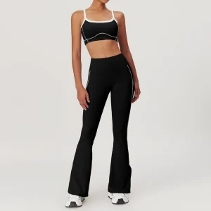 Custom High Quality Women’s Sports Yoga Set Longline Open Back Sports Bra Wide Leg Flare Fitness Leggings Breathable Sustainable