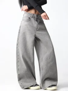 Custom High Waist Denim Wide Leg Jeans Women’s Autumn Grey Washed Loose Straight