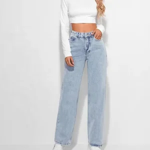 Custom High Waist Straight Leg Jeans Girls Loose Blue Washed Denim Pants Casual Hem Straight Women Jeans