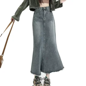 Custom High Waist Washed Vintage A-Line Long Denim Skirt Women’s Summer Maxi Denim Skirts With Pockets