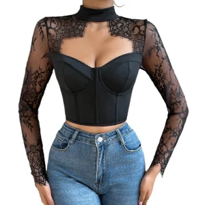 Custom Hollow Out V Neck Long Sleeve Women’s Sexy Corset Underwear Tops Bustiers for Women Short