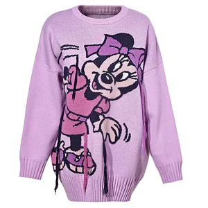 Custom Jacquard Cartoon Mickey Pattern Women’s Casual Plus Size Jumper Thick Winter Knitwear Long Sleeves Sweater for Girls