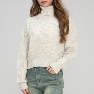 Custom Knit Women’s Pullover Turtleneck Cotton Long Sleeve Pullover Sweater