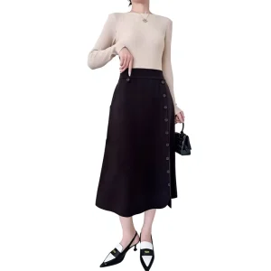 Custom Knitted Midi Skirt Women’s Wool Blend Knit Straight Midi Skirt High Waist Pencil Office Casual