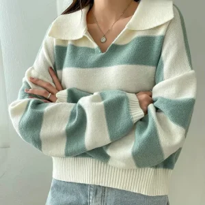 Custom Knitwear Long Sweater for Women’s 12GG Striped Crew Neck Long Sleeve Casual Wide Pullovers