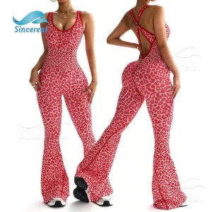 Custom LOGO Bodycon One Piece Yoga Fitness Rompers Flare Leg Flared Pants Top Boot Cut Pants Women’s Print Leopard Jumpsuit