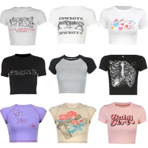 Custom LOGO High Quality 100% Cotton Plus Size Women’s Cropped Tops Ribbed Fitted Blank Puff Screen Print T shirt