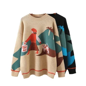 Custom LOGO OEM ODM Thick Breathable Casual Winter Women’s Jacquard Knitwear Sweater Pullover Machine Front Your Design
