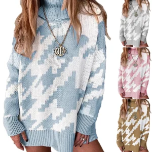 Custom LOGO OEM ODM Women Color Block Crew Neck Pullover Jacquard Knitted Long Sleeve Breathable Casual Autumn Winter 100%