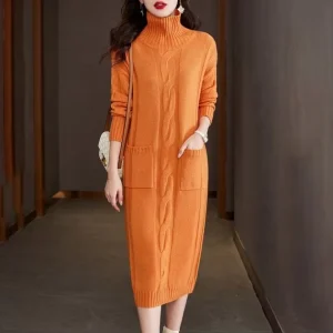 Custom LOGO OEM & ODM Women’s Sweater Knitwear Turtleneck Pullover Dress Fall Winter Cable Knitted Women Sweater Long Dress