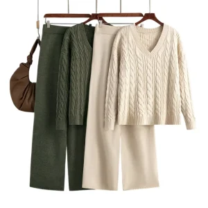 Custom LOGO Women Fashion Set Fall Winter Knit Sweater Set Flare Pants V Neck Cable Knit Two Piece Outfits