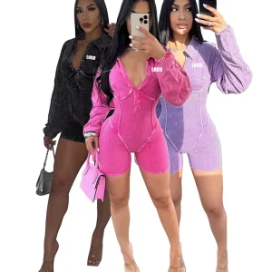Custom LOGO Women’s Clothing Classic Washed Old Deep V Tight Long Sleeve Cotton Threaded Jumpsuit